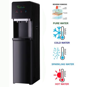 Výkonný podlahový výdejník vody Crystal® SODA DIAMOND 400G s reverzní osmózou nabízí studenou, horkou a perlivou vodu přímo z kohoutku.