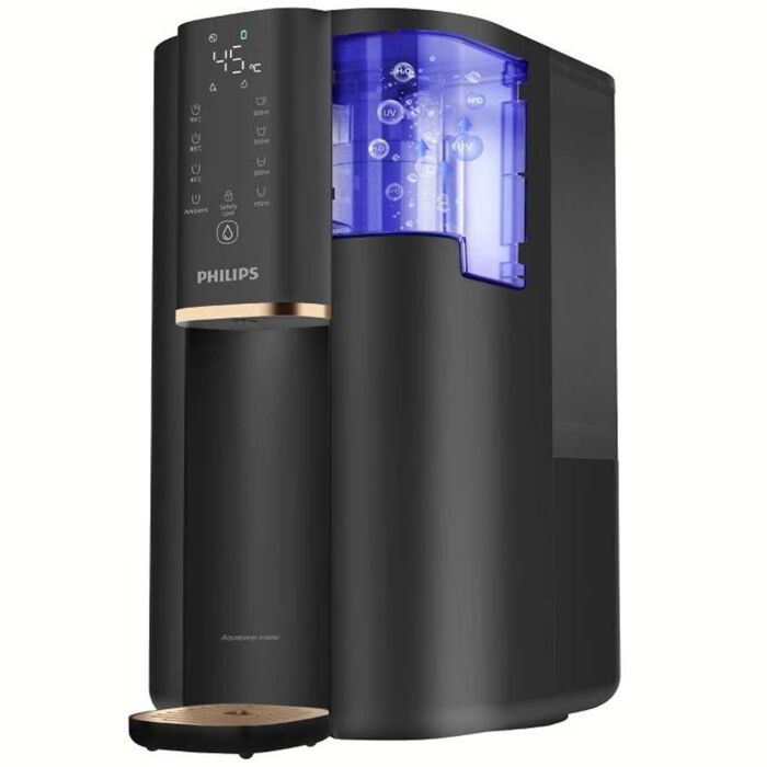 Přenosný a velmi kompaktní výdejník vody Philips s reverzní osmózou, UV-LED dezinfekcí a ohřevem.