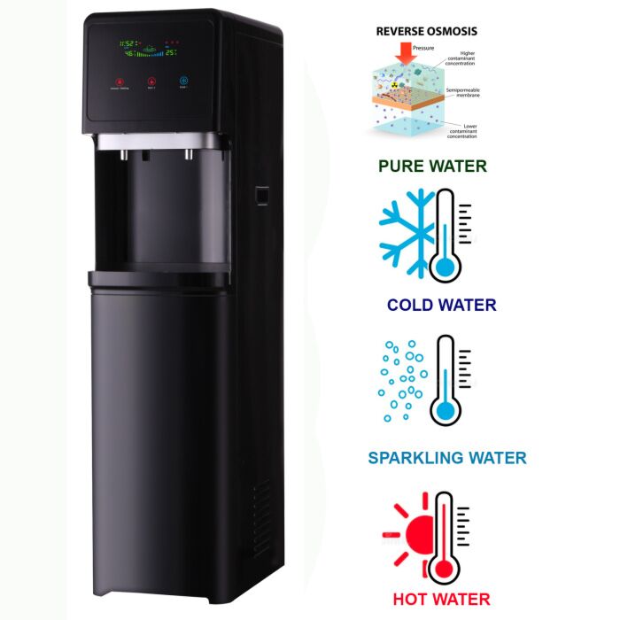 Výkonný podlahový výdejník vody Crystal® SODA DIAMOND 400G s reverzní osmózou nabízí studenou, horkou a perlivou vodu přímo z kohoutku.