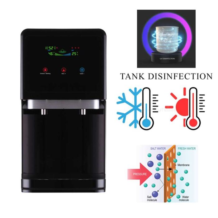 Výdejník vody pro domácí a kancelářské použití. s osmotickou membránou, pro studenou vodu, teplou vodu s UV-LED lampou.